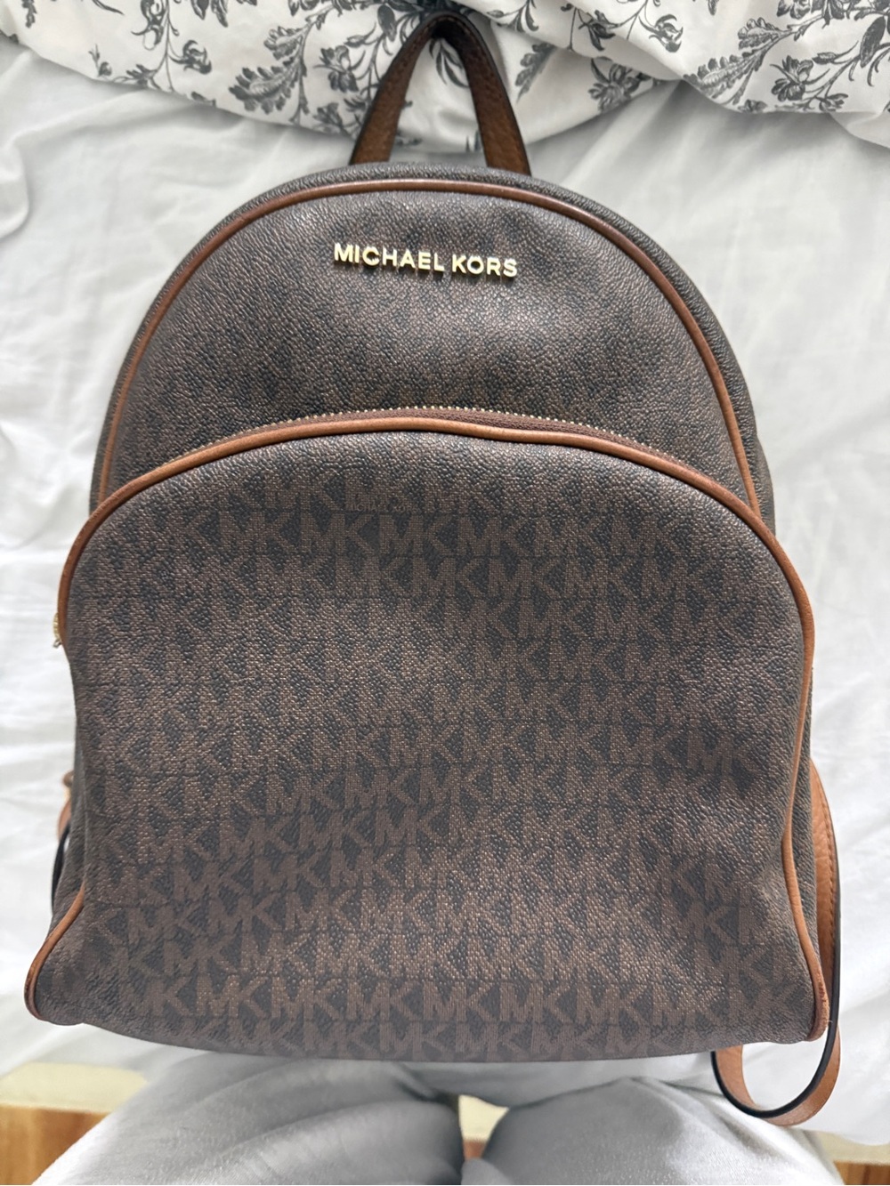 Michael Kors Brown MK Logo Dome Backpack with Tan Trim.